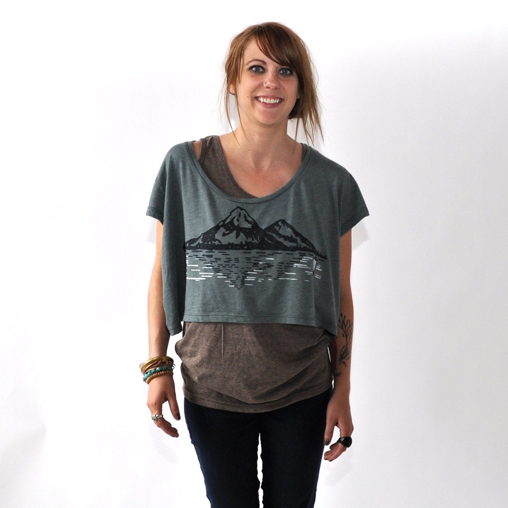 SALE Twin Peaks, Mountainous Design, Forest Tri-Blend Crop Tee, Hand Screen Printed by Maryink