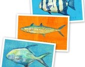 Saltwater Fish Art - 3 Little Fishies Set No. 3 - 3 Prints 4" x 6" -Fish Wall Decor -Sea Life Art Prints -Beach House Art -Fathers Day Gift
