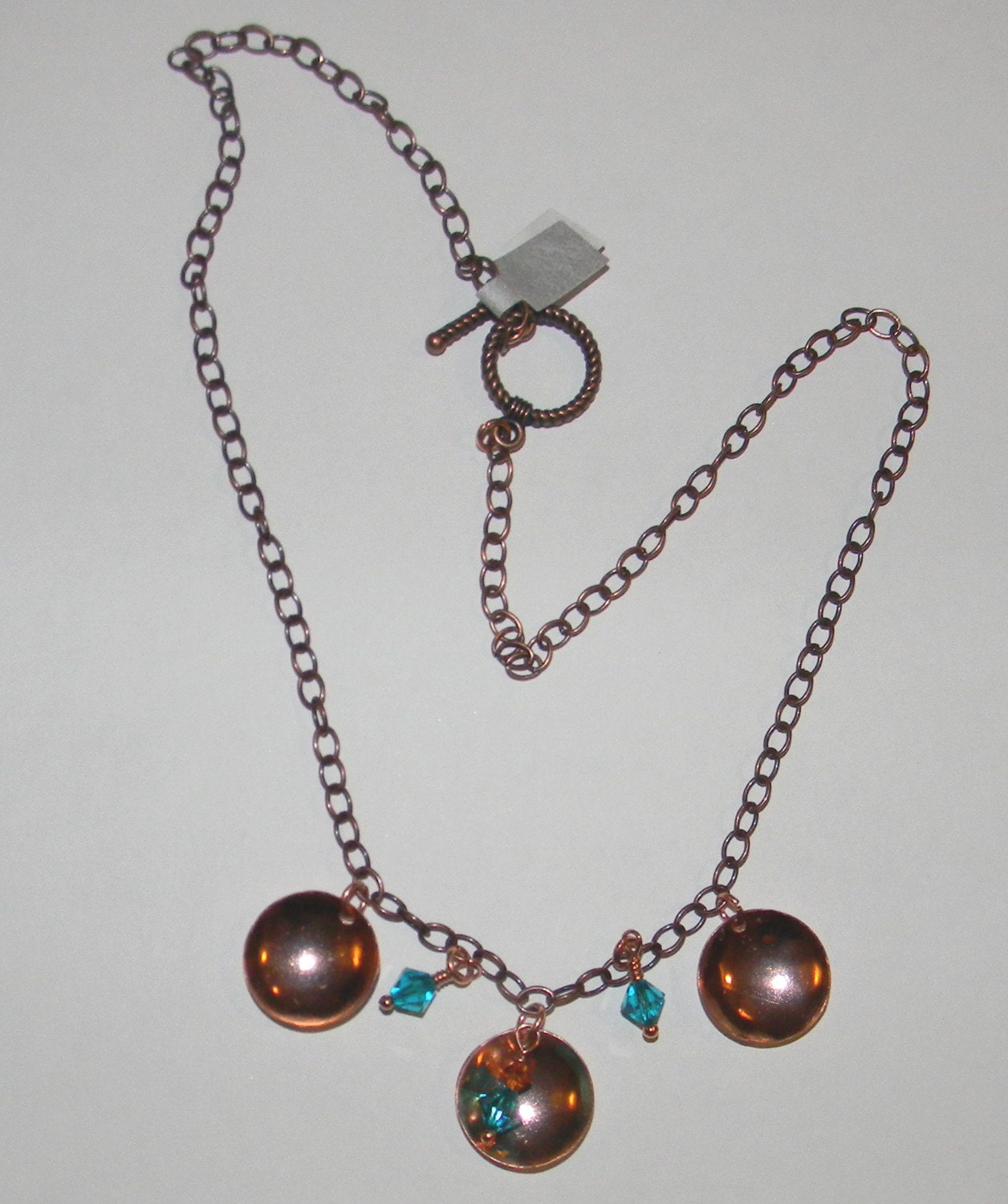 SALE Copper Domed Disks and Swarovski Dangle Necklace