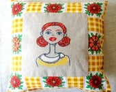 Red Head - Cross Stitch Embroidered Pillow Cover