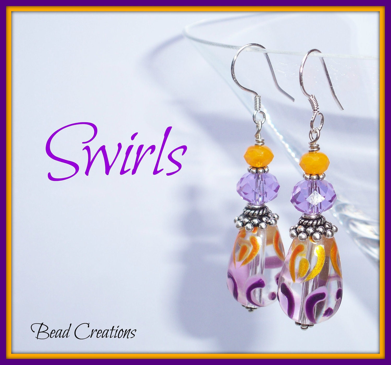 Orange Purple Earrings Hand Painted Violet Gold Czech Glass Crystal SWIRLS