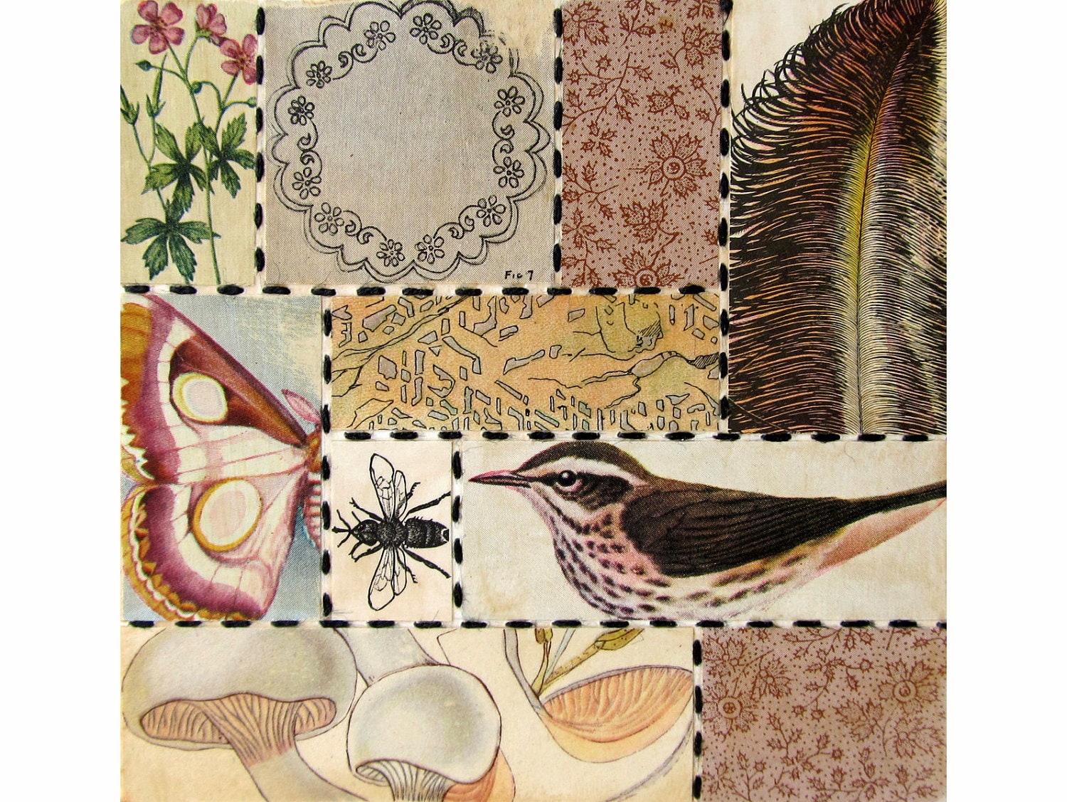 Feathery, Bricolage no 77 - Original Mixed Media COLLAGE on 4" x 4" Panel