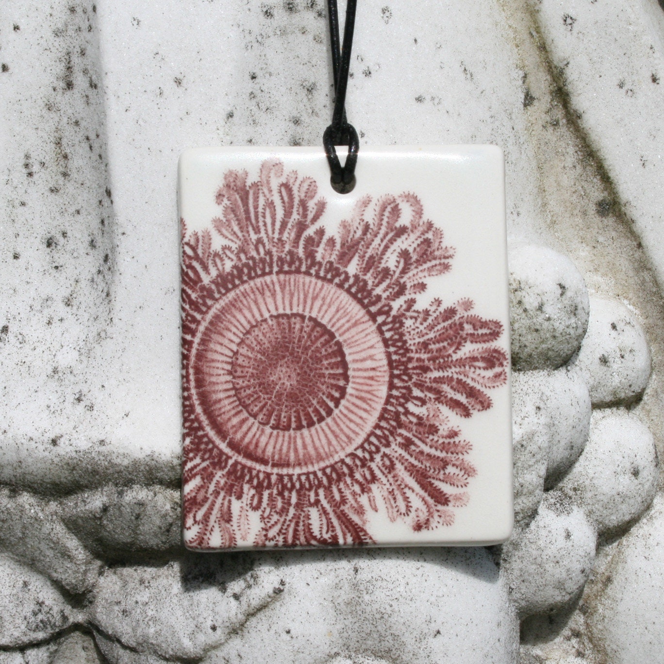 Ceramic Tile Pendant Necklace - fancy delicate ornament image of hydra - maroon and white - gift for the marine biologist in your life