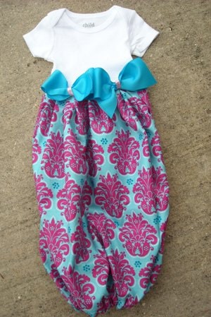 Custom size Boutique Baby layette wholesale gown shower teal pink damask bow wholesale ETSY first pictures baby girl  take home