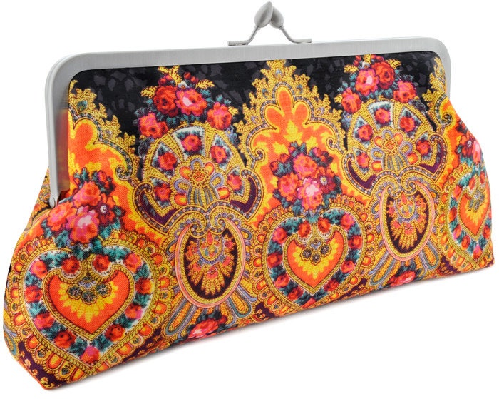 Printed Gypsy Soul LARGE clutch/shoulder bag in dupion and silk. Hot orange version. Unique, designed by Baba Studio.