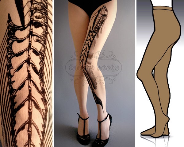 S/M Fish Bone tattoo tights / stockings/ full length / pantyhose / nylons Cafe Latte