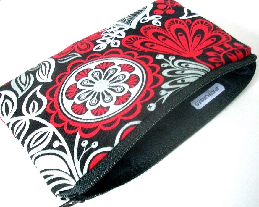 Large Zipper Pouch Clutch Bag Eco Friendly Padded Gadget Case -  NEW Red Garden