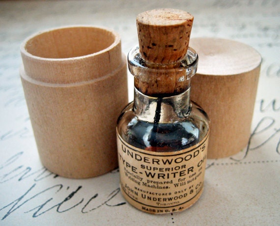Vintage Underwood Typewriter Oil Miniature Collectible Bottle with Cork and Original Wooden Round Box