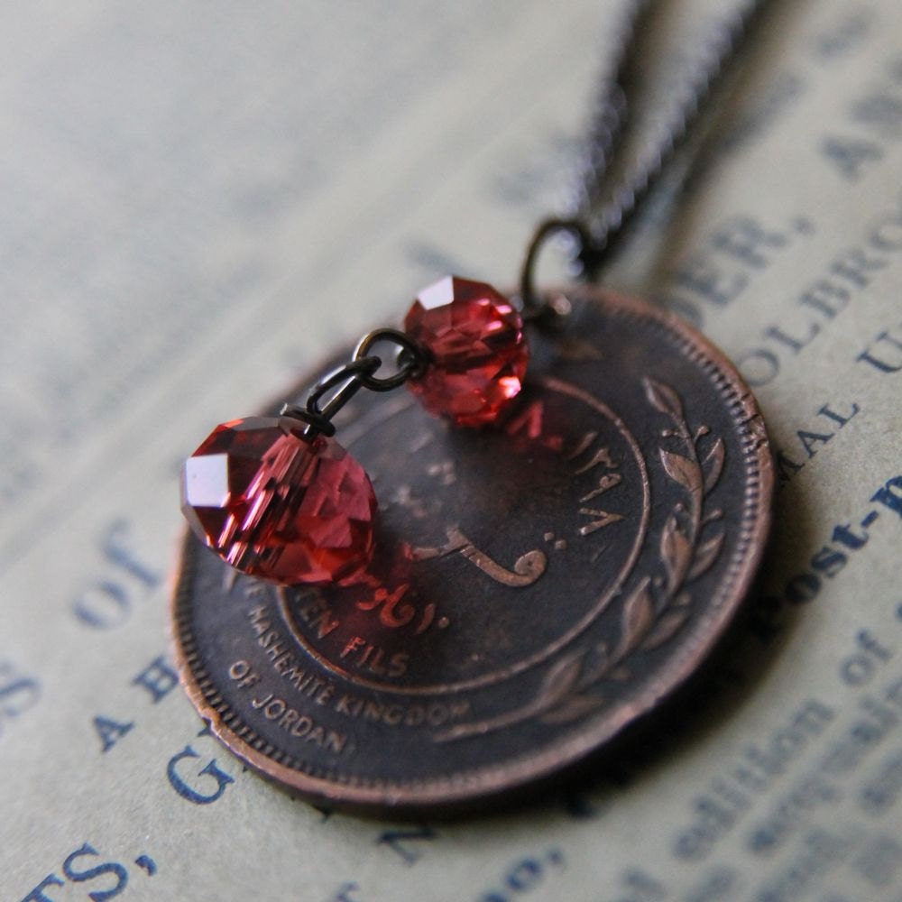 Falmingo Pink Necklace with Vintage Coin and Swarovksi Crystal