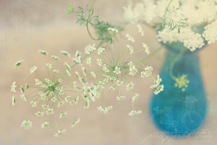 Abstract Fine Art Photograph, White Queen's Anne Lace in a Blue Glass Vase, Dining Room Art, Gardener, Macro Art, Vintage Feel, 4x6 Print
