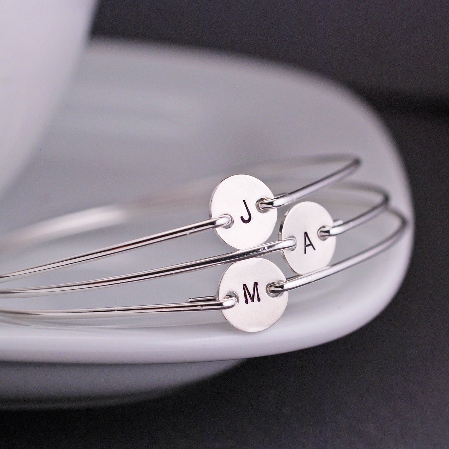 Mother's Jewelry, THREE Mom Bracelet, Sterling Silver Custom Initial Bangle Bracelet
