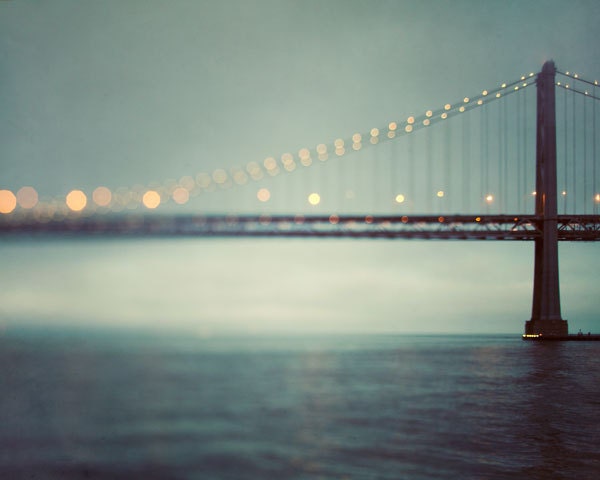 San Francisco Art, Bay Bridge, California, Dreamy Travel Photography, Water, Teal, Blue Green, Night, Lights - The Crossing - EyePoetryPhotography