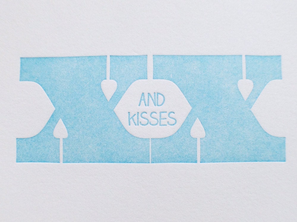 Hugs and kisses blue, letterpress card - love, friendship, sympathy