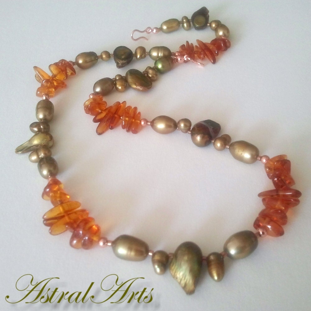 AstralArts- Free form Pearls & Amber Necklace