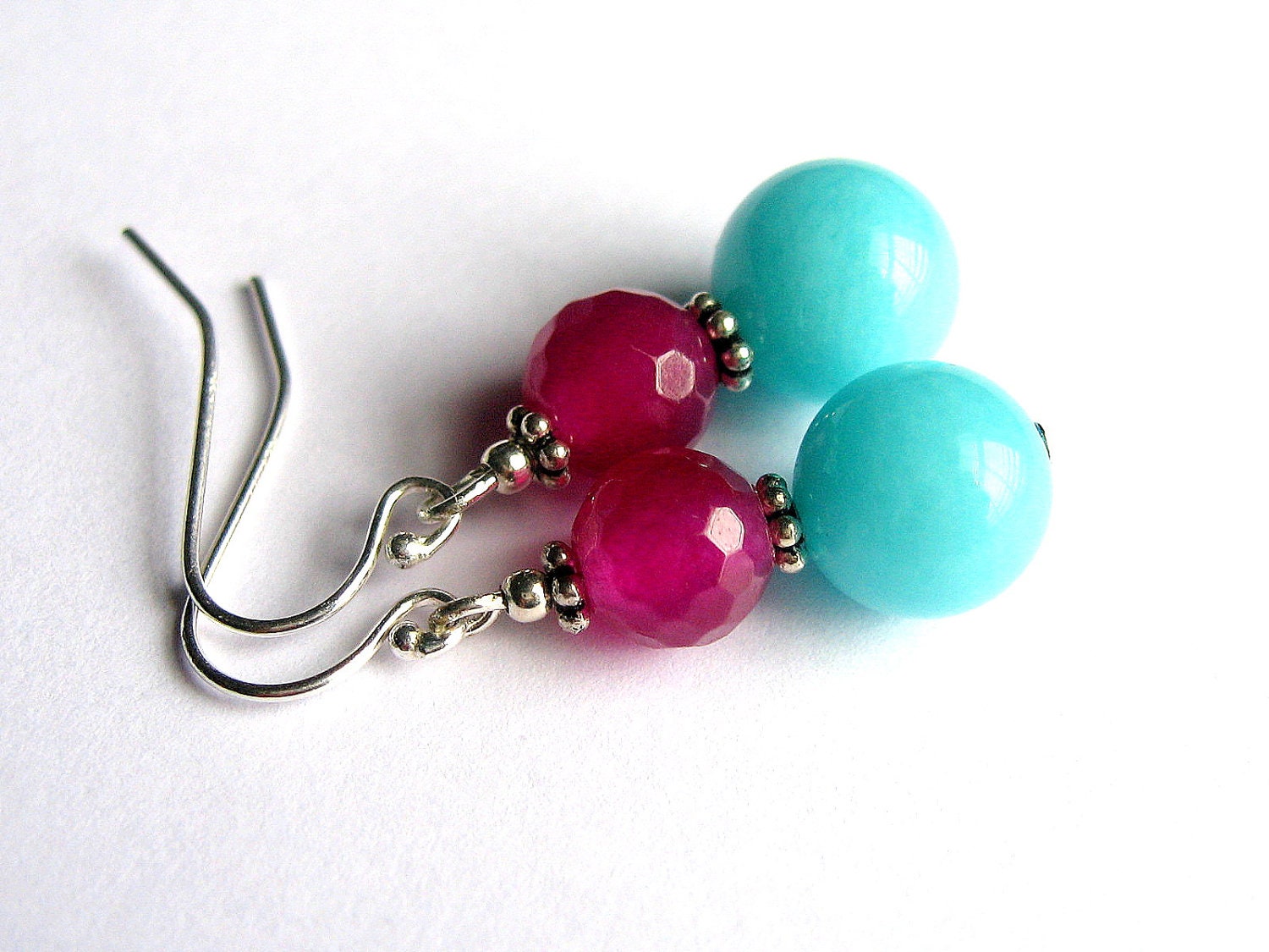 Jade Earrings, Blue Purple Magenta, Candy Colored, Sterling Silver