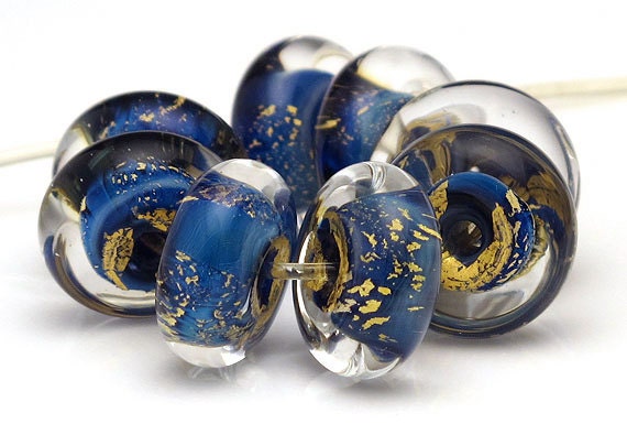 Handmade Lampwork Bead Set Blue and Gold Leaf Rondelles SRA