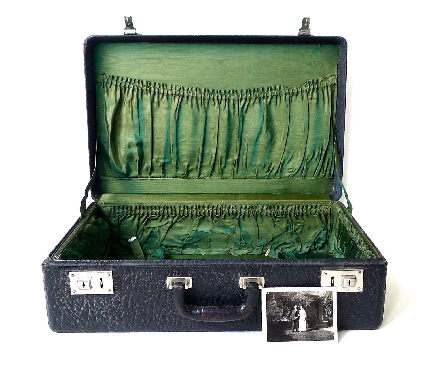Vintage Black Leather Suitcase with Green Interior