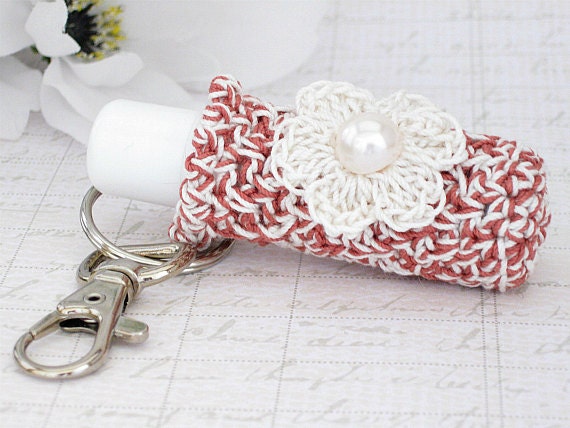 Plush Lip Balm Cozy, Keychain Key Holder, Raspberry & Off White Keychain with Crochet Off White Flower
