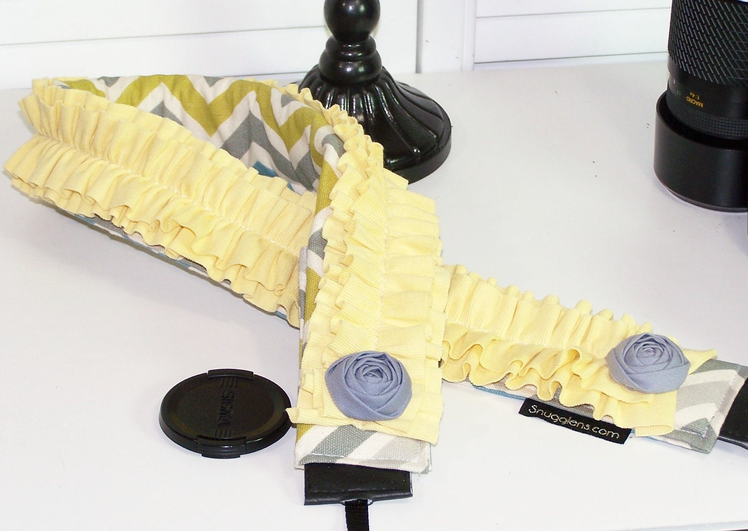 Dslr camera strap padded gray-yellow -citron-chevron-double ruffles -rosettes- lens cap pocket-- by SNUGGLENS