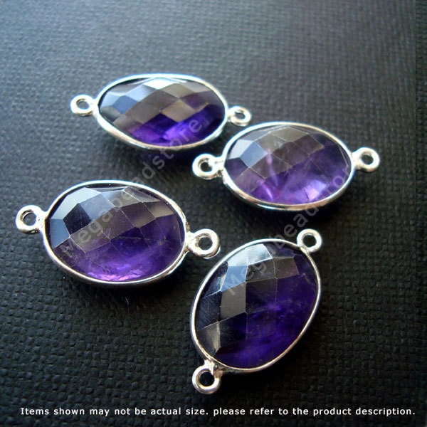 20mm x 11mm Oval Natural Amethyst (Purple) Bezel Connector Wrapped Gemstone Sterling Silver F393S- 2 pcs
