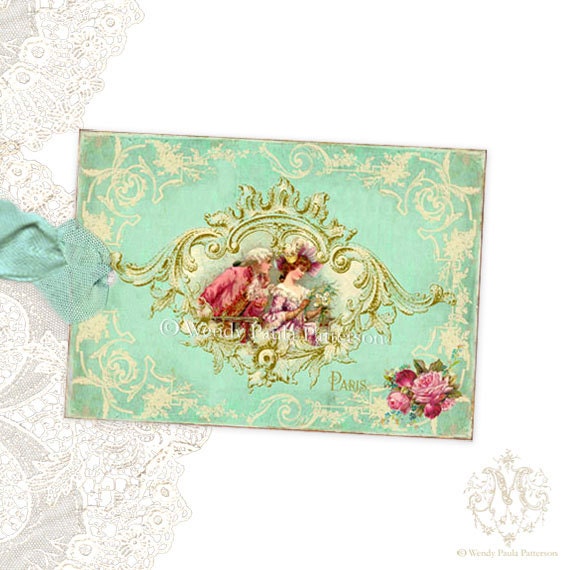 French Romantic Lovers in ornate gold frame with pink roses Sweet Whisper Vintage Style Gift Tags