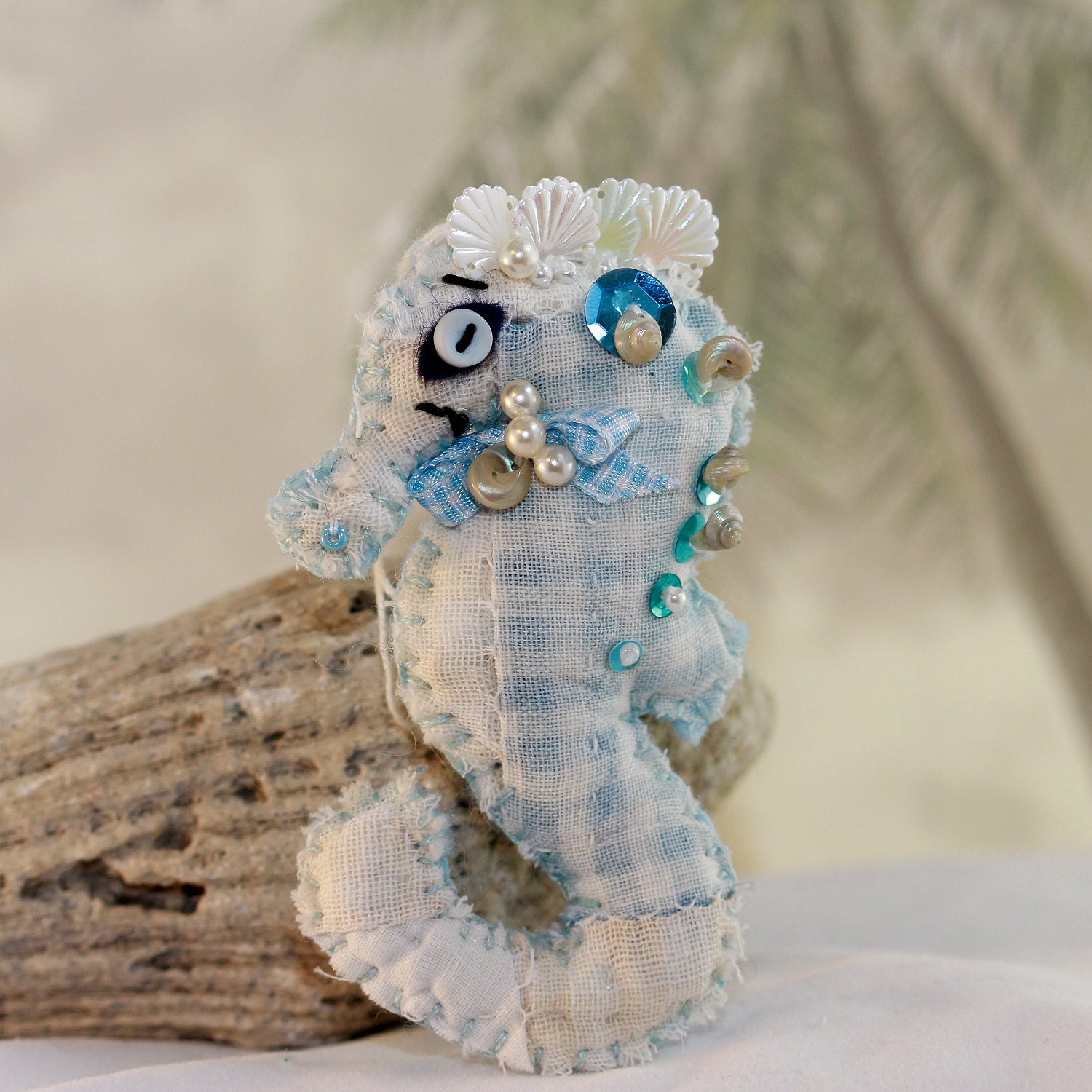 Sweetie of The Sea - Beads and Pearls Pale Blue Gingham - Sea Horse Quilty Critter Ornament - The MaryAnn
