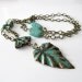 Patina green verdigris leaf pendant beaded long necklace, antique brass chain, turquoise howlite gemstones, crystal necklace, beaded jewelr