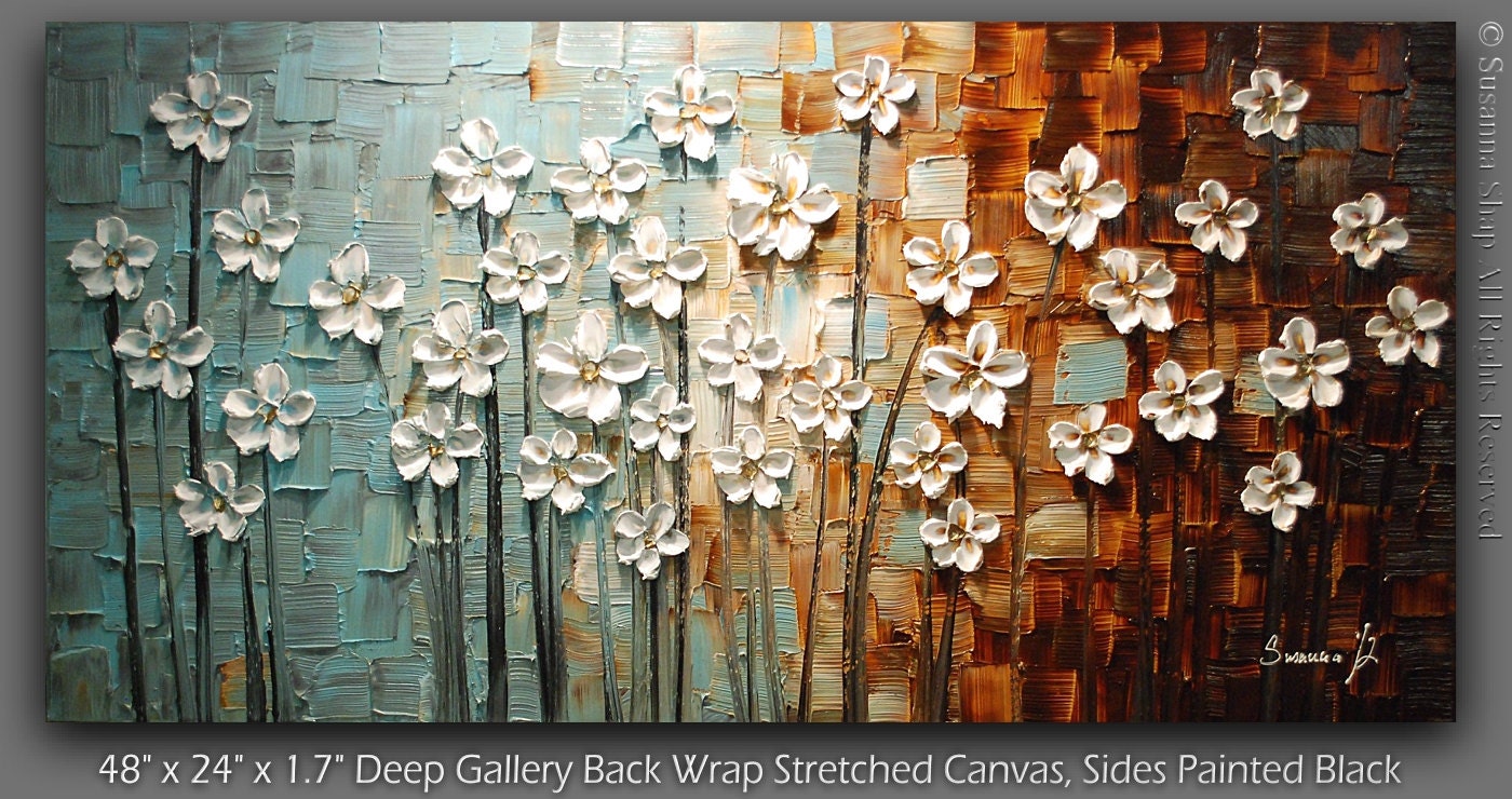 ORIGINAL Large Abstract Contemporary Textured White Daisy Flowers Landscape Painting Modern Palette Knife by Susanna Ready to Hang 48x24