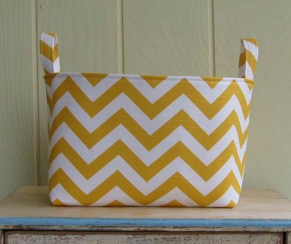 Fabric Storage Bin- Organizer- Basket- Chevron- Corn Yellow- White- Zig Zag- Extra Large