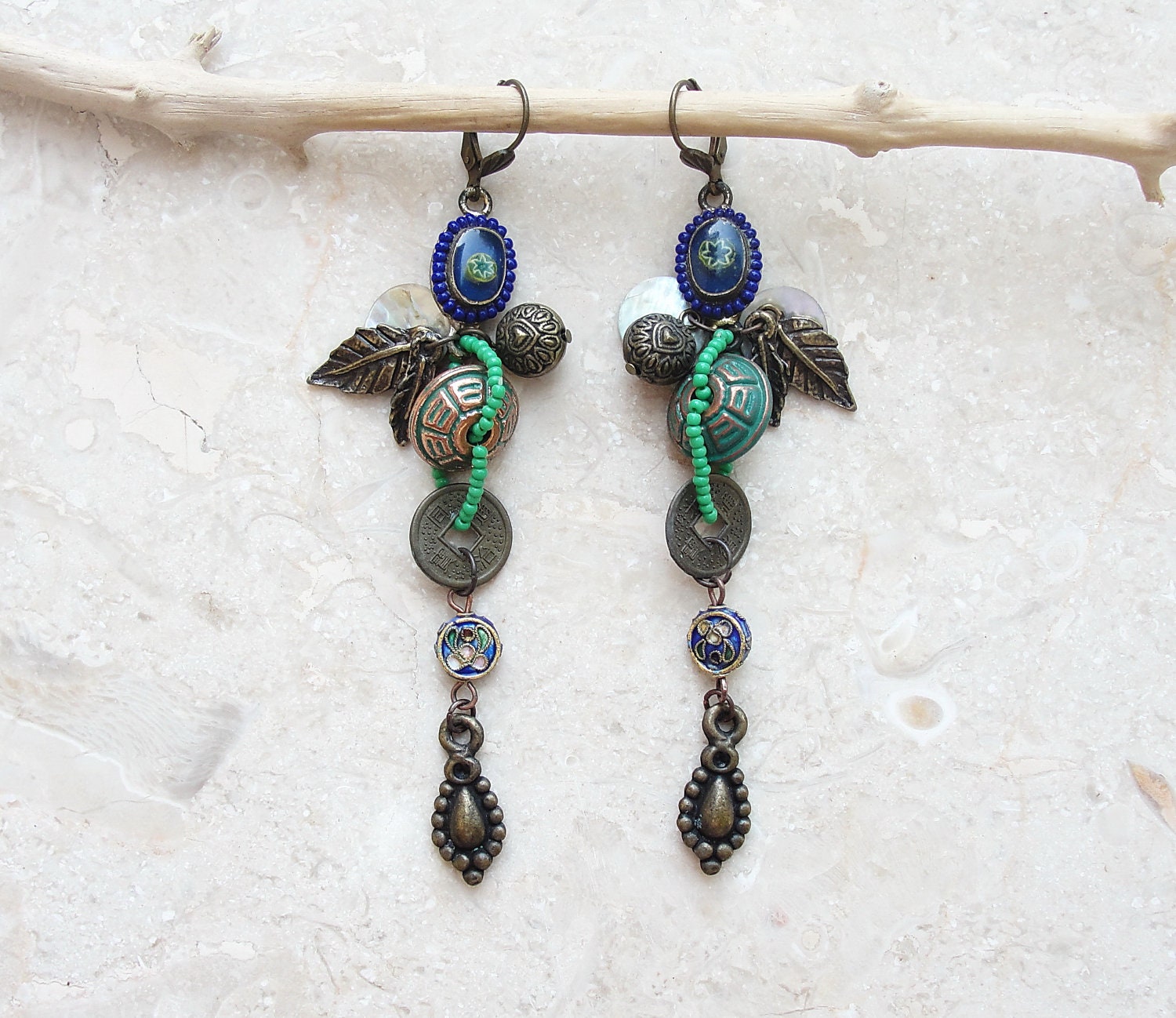 Long Tribal Earrings - Green and Blue Ethnic Earrings - StaroftheEast