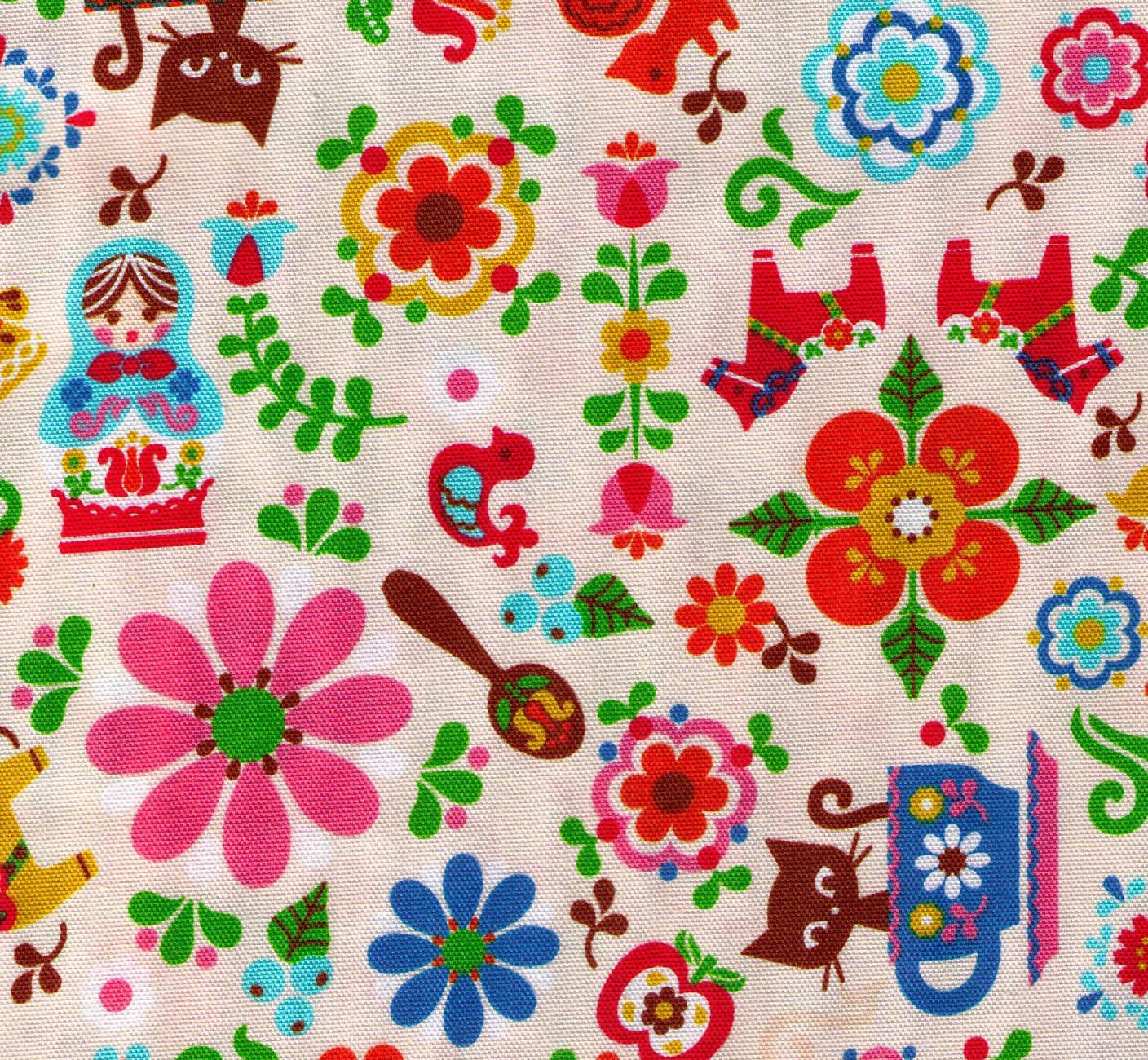 HALF YARD - Scandinavian Mix White - Dala Horse, matryoshka, russian nesting dolls, teacup, kitty, tulips, mushroom, apple - Japanese Fabric