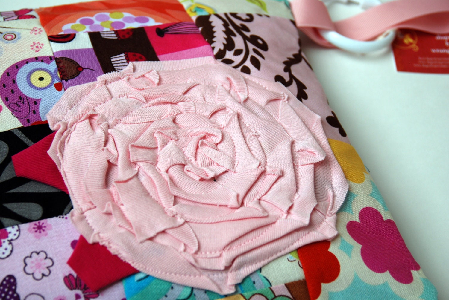 Patchwork-y Zippered Wet Bag with Handle/Link Loop Combo -Pink Jersey Knit Rosette Applique - FREE SHIPPING