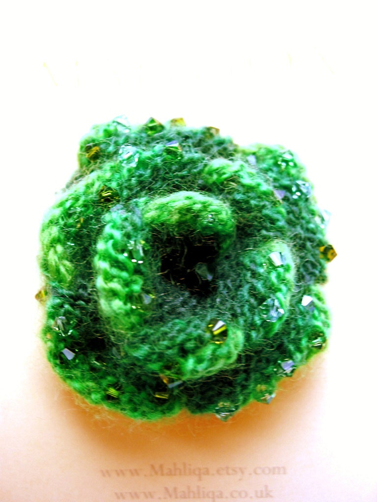Knitted Rose Brooch with Swarovski Crystal - Fern
