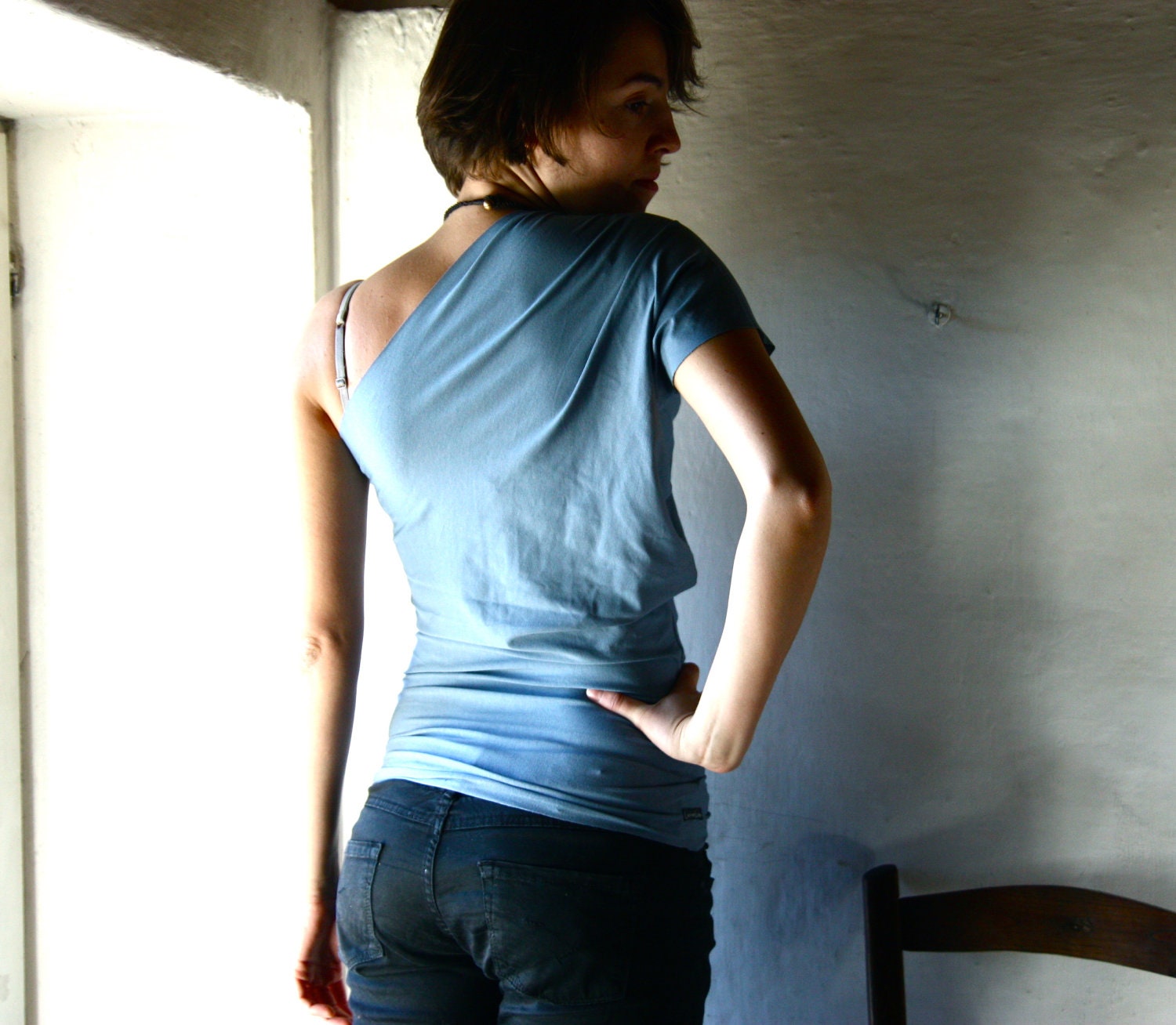 One shoulder Tshirt - off shoulder tank top for women Blue