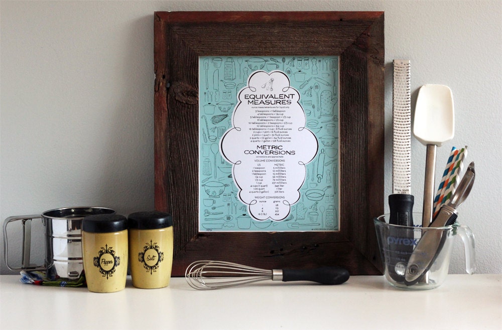 Kitchen Measurement Conversion Art Print - Kitchen Art - 8 x 10 Hand Printed Silkscreen - Available in 4 Different Colors