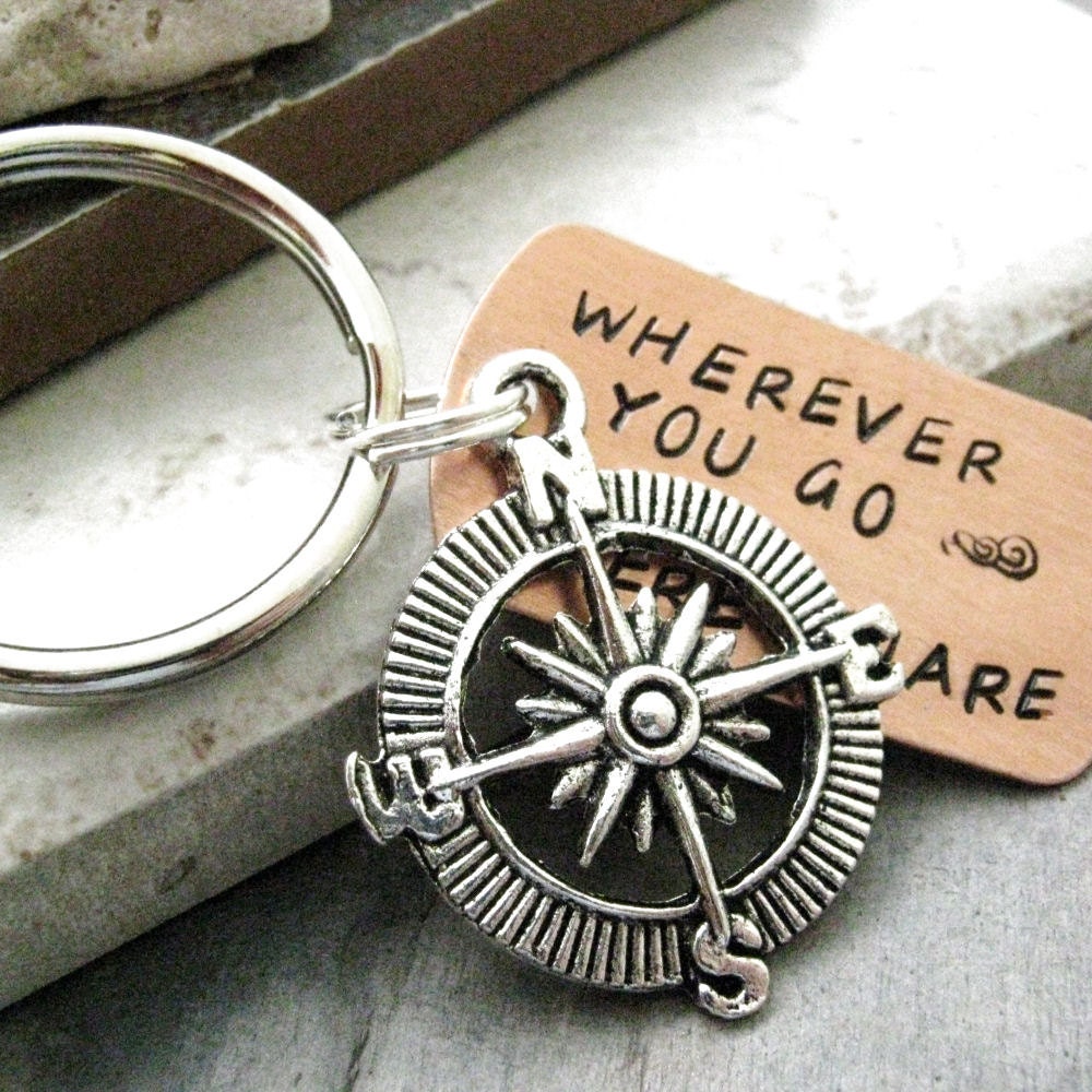 Wherever You Go There You Are Key Chain with silver compass charm and ...