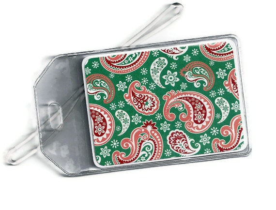 Luggage Tag / Bag Tag - Pink Green Red Preppy Paisley - Diaper Bag Tag 10a
