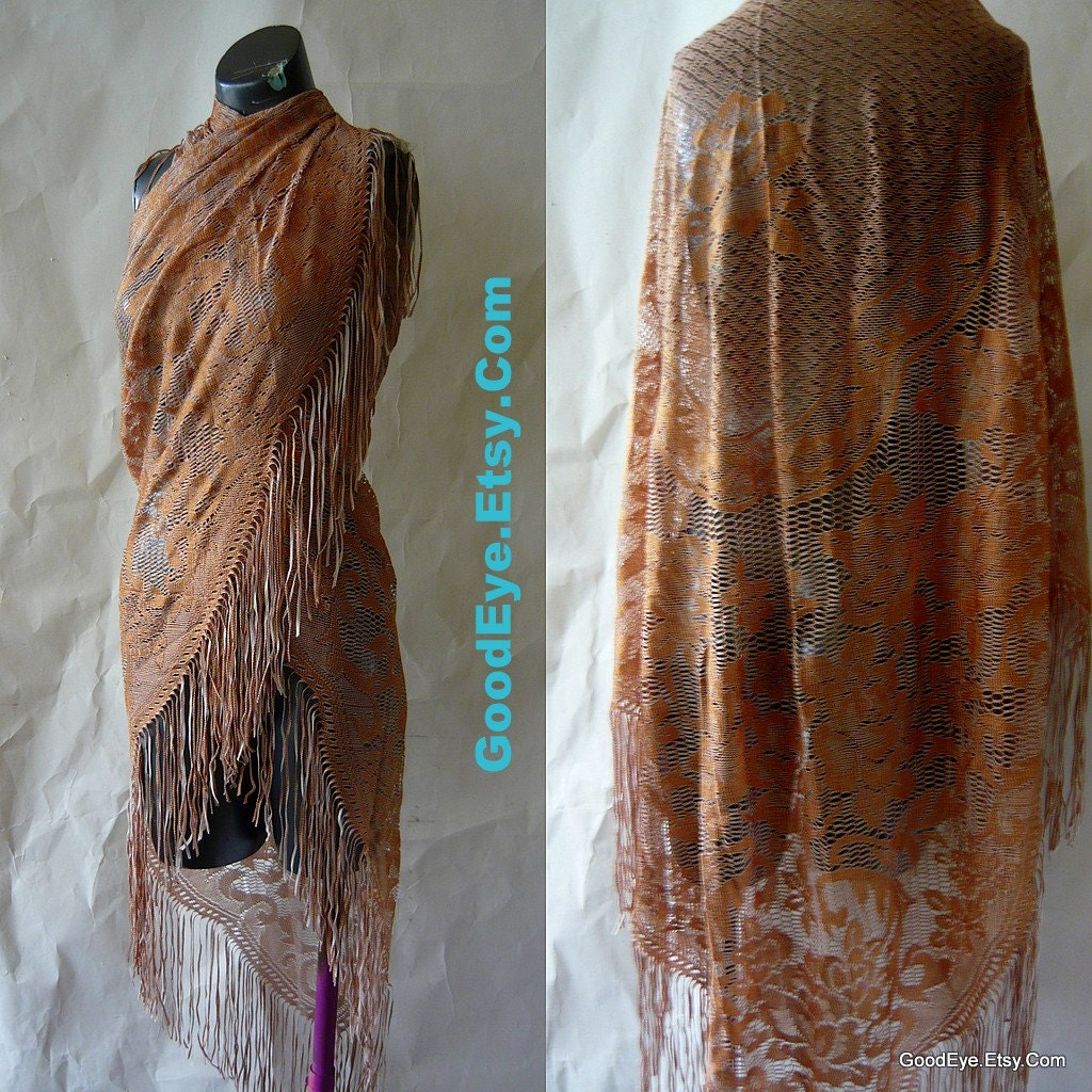 Giant Lace Fringe Shawl 1970s JAPAN Swimsuit Coverup Triangle Sheer Nutmeg Brown