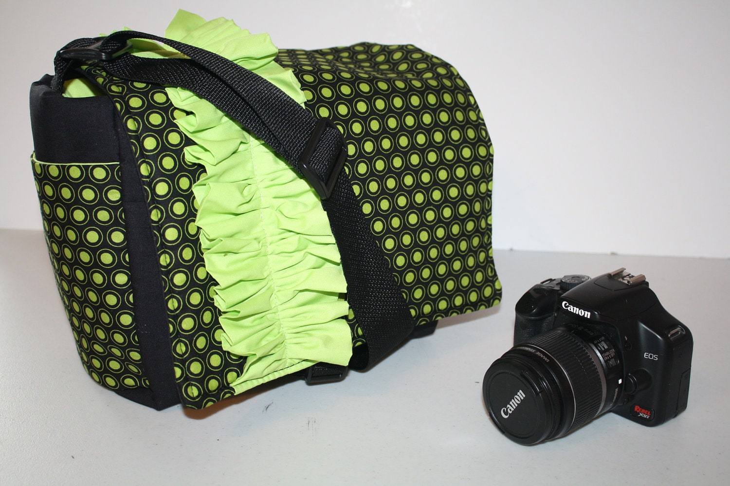 Padded CAMERA Bag - Womens Lens Bag Purse - 5 Lens - 2 Cameras - Black Dots Lime Ruffle - WD LG - side pkts