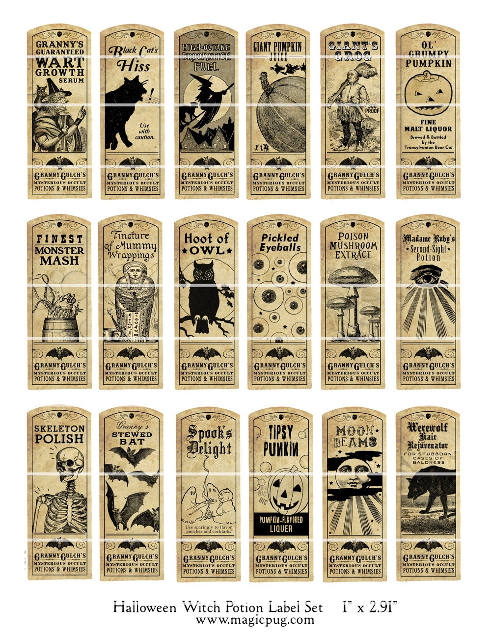 Halloween Witch Potion Label digital collage sheet bat cat holiday wicca 1x3 25mm x 75mm