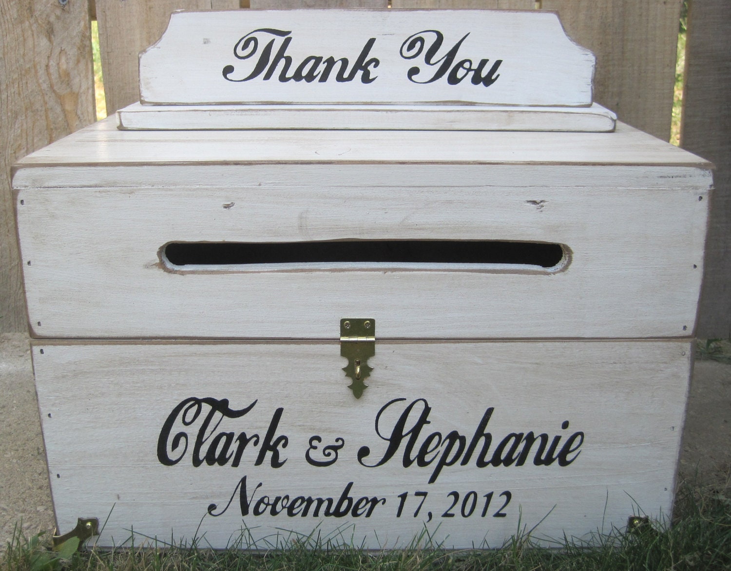 Large Rustic Wedding Card Box Keepsake Chest Handpainted Antique White Personalized Custom Wood