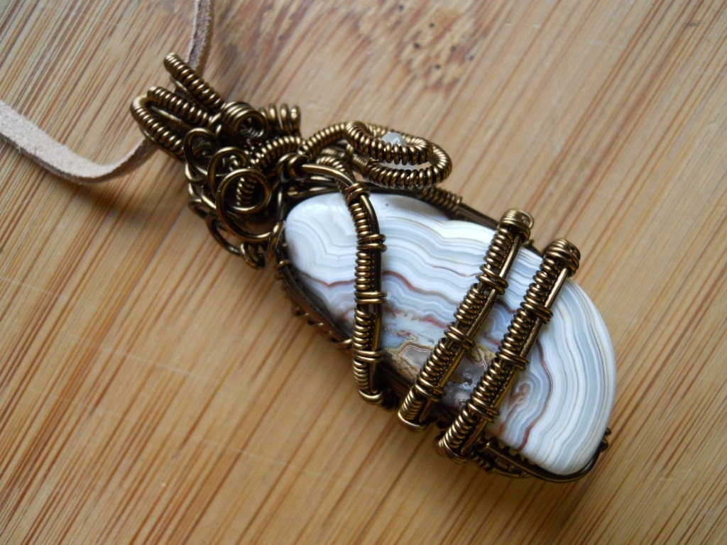 Wire Wrapped Pendant Crazy Lace Agate Chunk and tiny Quartz bead in Vintage Bronze Parawire