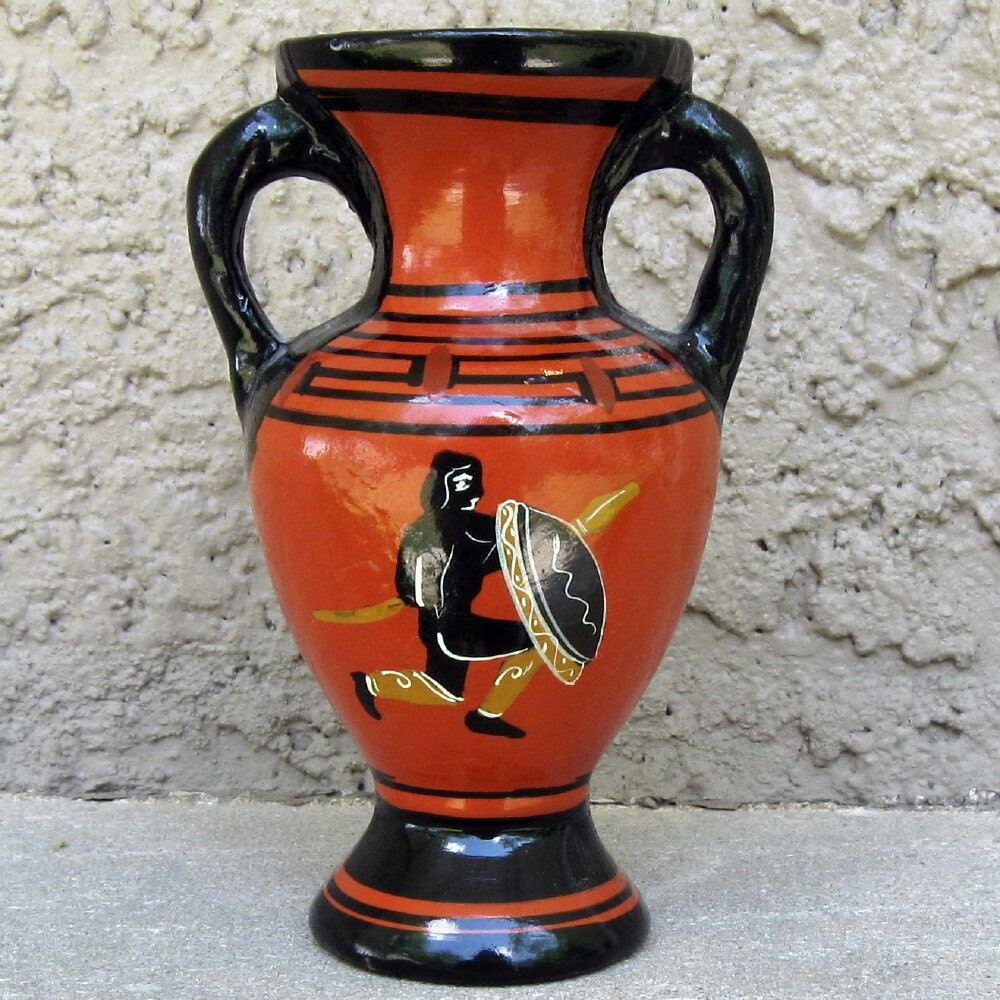 Vintage Small Greek Urn Vase in Orange and by outofthepinksky