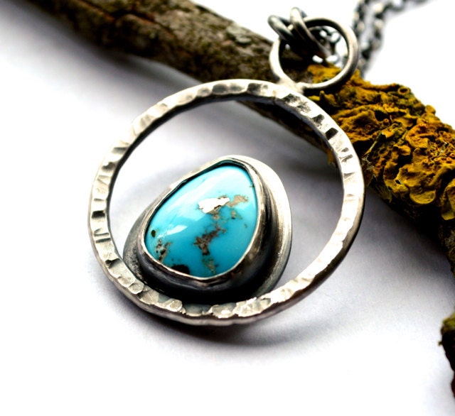 Turquoise Necklace Sterling Silver Rustic Oxidized Circle Necklace Arizona Morenci Turquoise