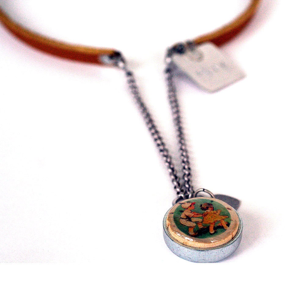 Vintage Baseball Necklace - Eco Friendly Recycled Steel Necklace, Cork Necklace, Bib Style, Stamped Jewelry, Brown Leather, PLAY