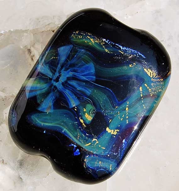 Unique Lampwork focal bead in blue and gold on black with murrini , handmade glass beads by Beadfairy Lampwork, Ooak, SRA