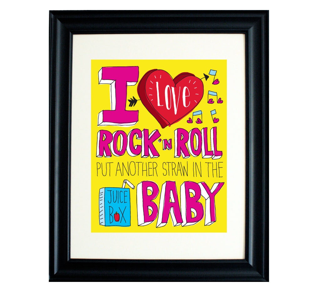 I Love Rock 'N Roll Hand drawn Type 11 x 17 Print Kids Room Decor in Yellow/Fuschia