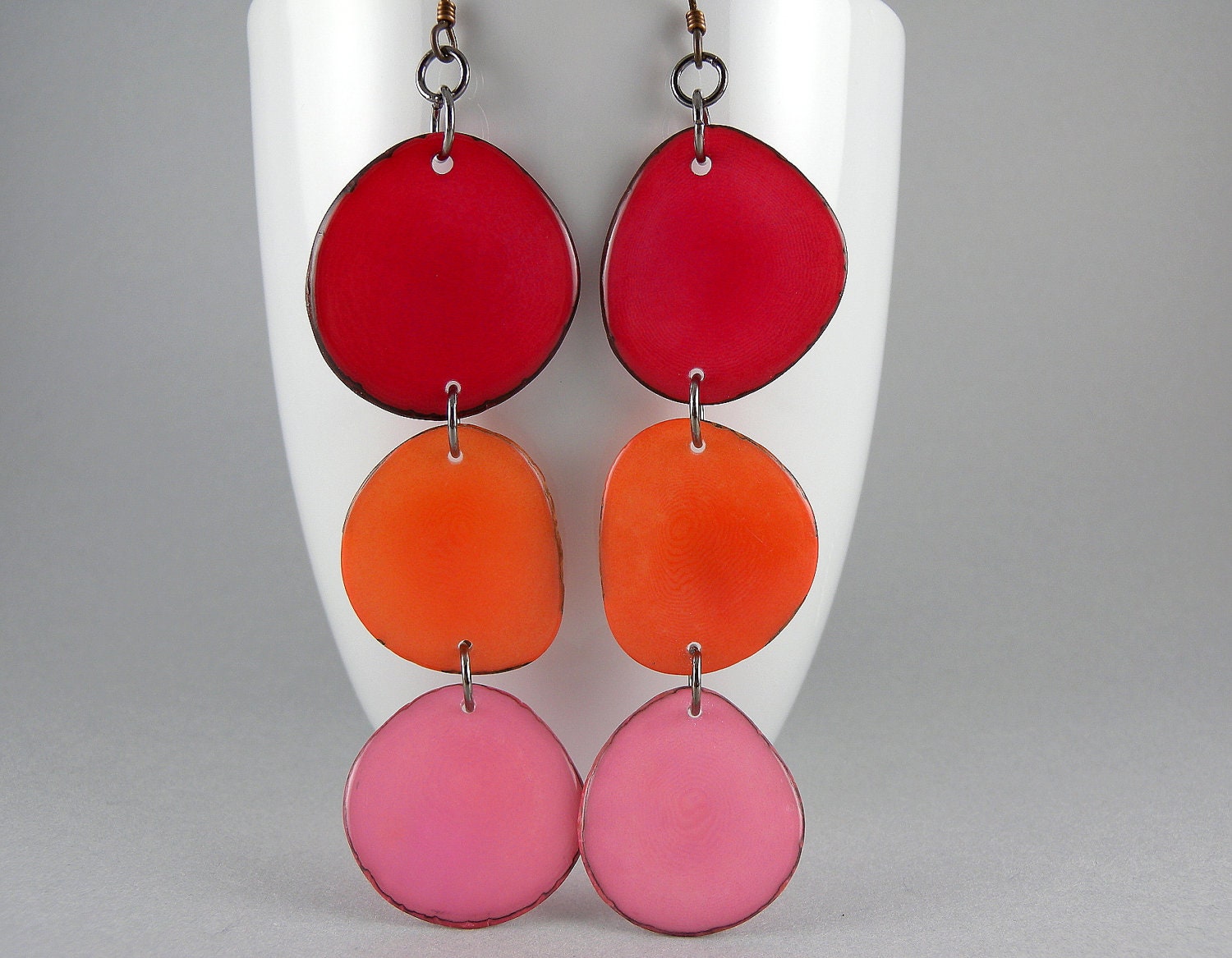 Ombre Red, Orange, Pink Shoulder Duster Trio of Tagua Nut Eco Friendly Earrings with Free Shipping