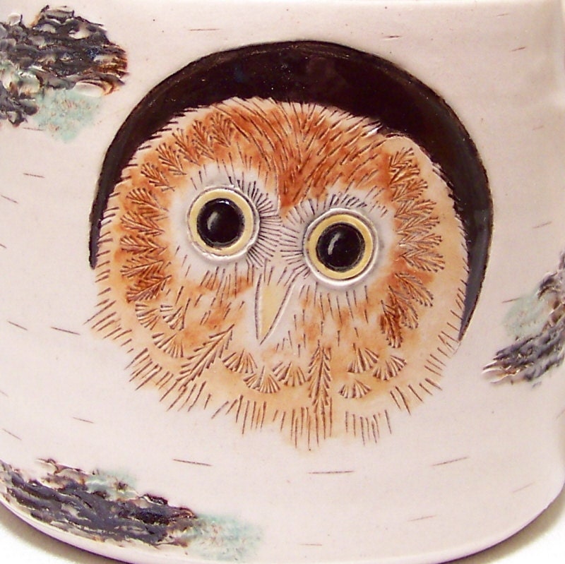 Owl Baby and Birch Pottery Coffee Mug Limited Series 41 (microwave safe) 12oz white stoneware