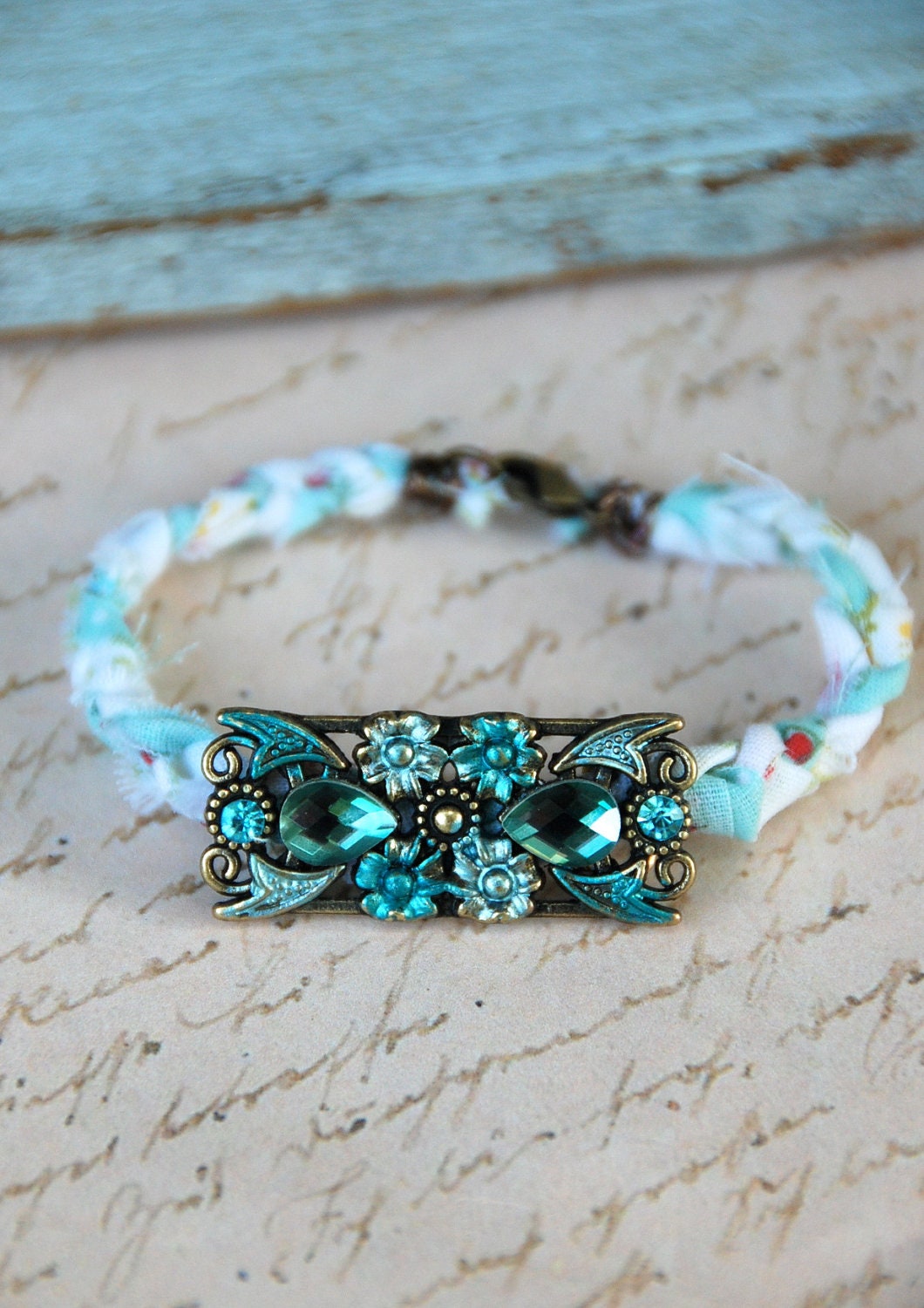 Tender blue. vintage style fabric ribbon bracelet. tiedupmemories